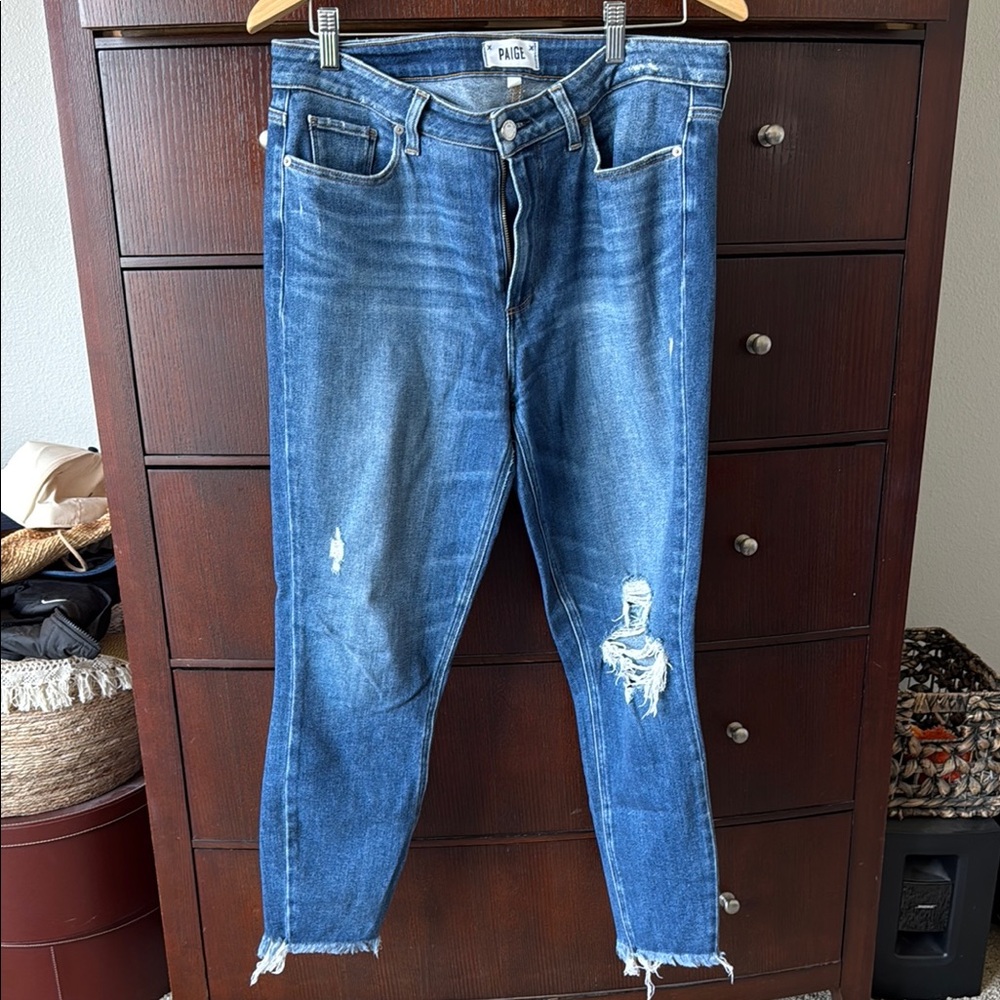 PAIGE Blue Ankle Cropped Distressed Jeans